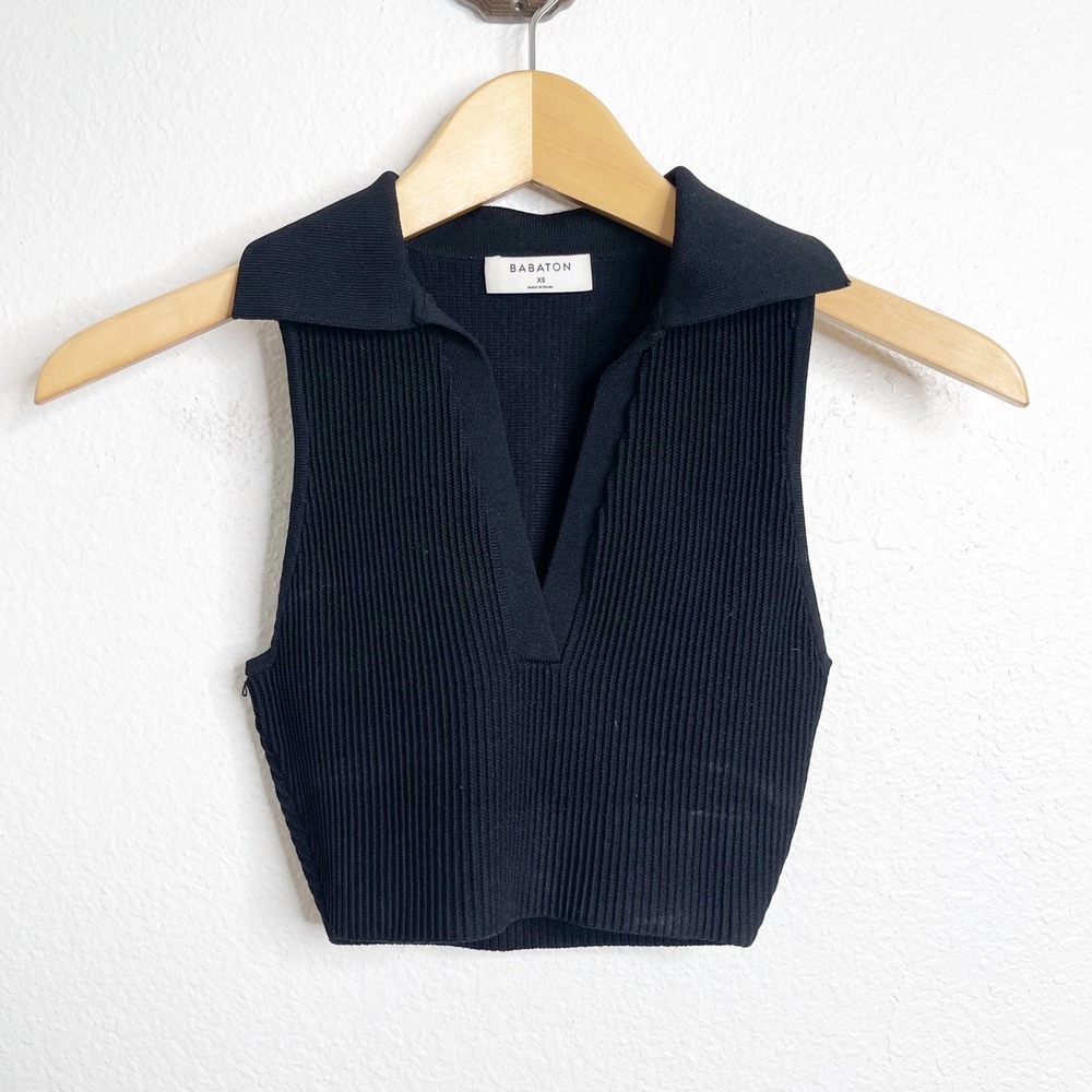 Babaton Black Ribbed Sleeveless Polo Collar Cropped V-Neck Top XS